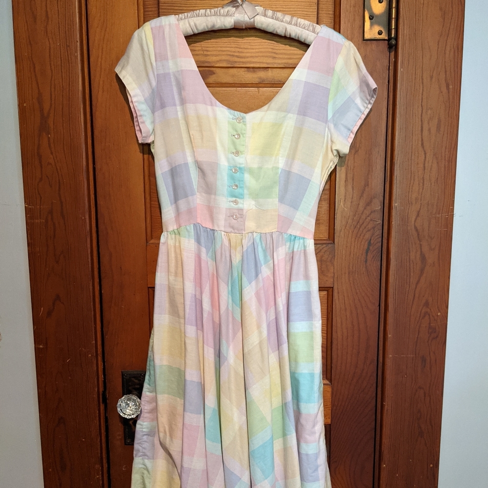Vintage Rainbow Pastel Gingham Midi Dress